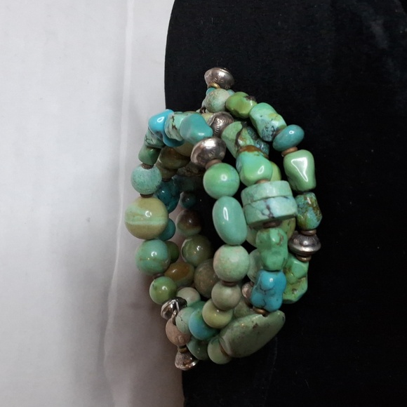 Vintage Sterling Wire Wrapped Turquoise Stone Bracelet - Picture 1 of 9